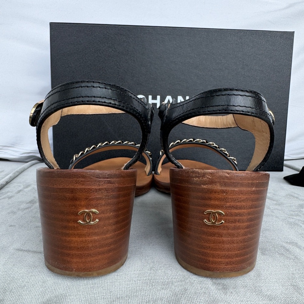 Chanel Leather Heel Sandals with Gold and Black Chain Size 36.5 - Picture 6 of 7